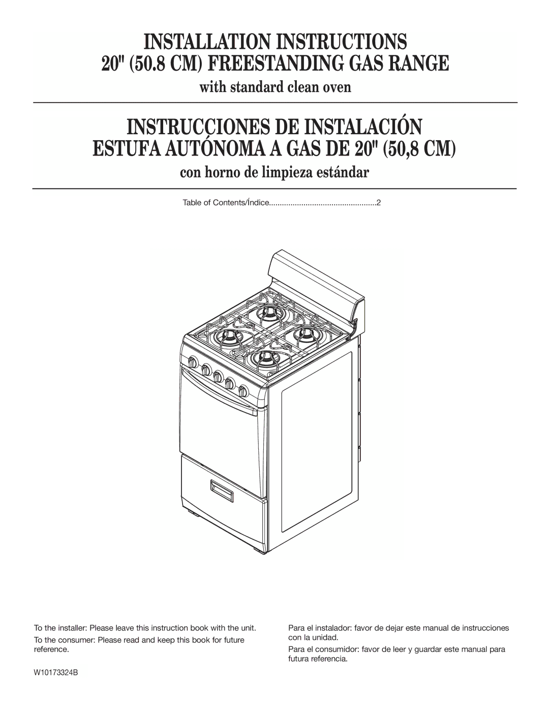 Whirlpool W10173324B installation instructions Installation Instructions 20 50.8 CM Freestanding GAS Range 