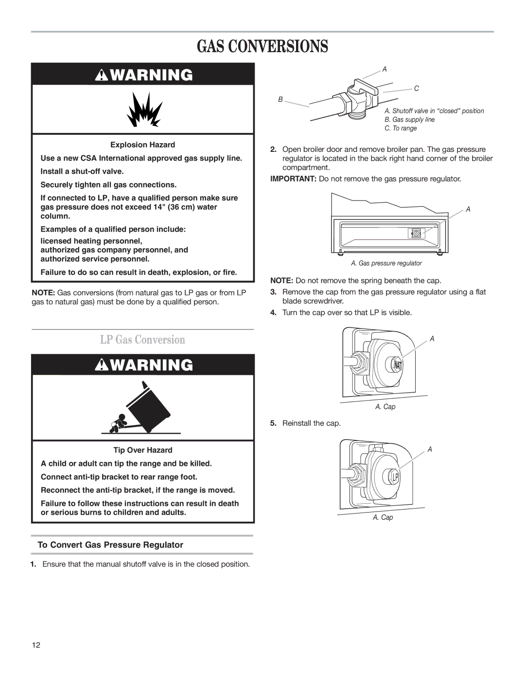 Whirlpool W10173324B installation instructions GAS Conversions, LP Gas Conversion, To Convert Gas Pressure Regulator 