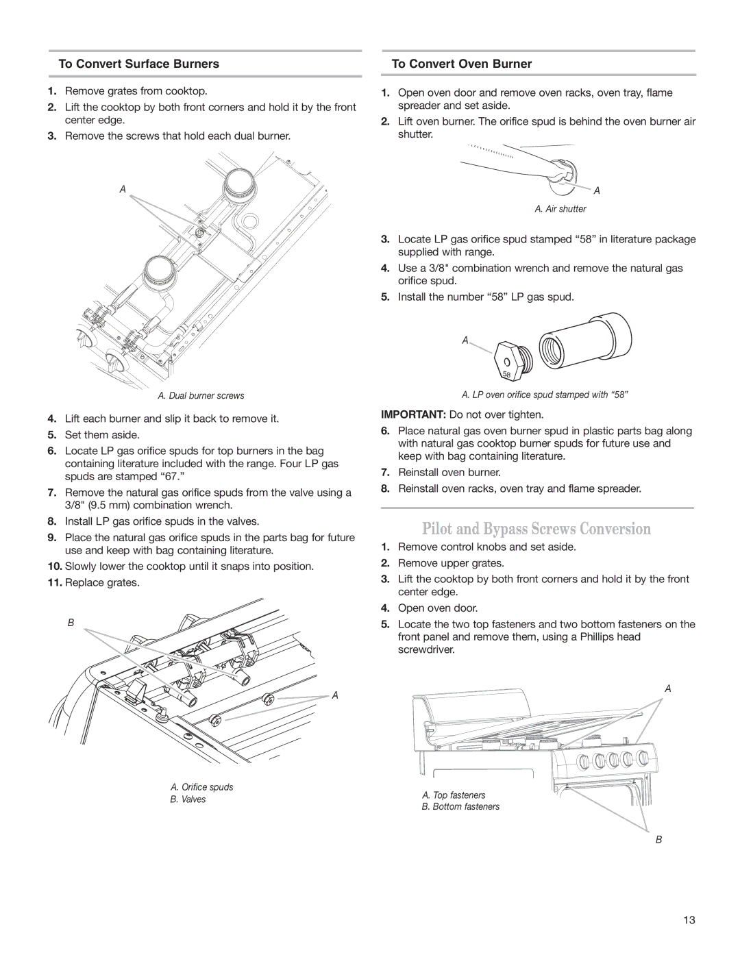 Whirlpool W10173324B Pilot and Bypass Screws Conversion, To Convert Surface Burners, To Convert Oven Burner 