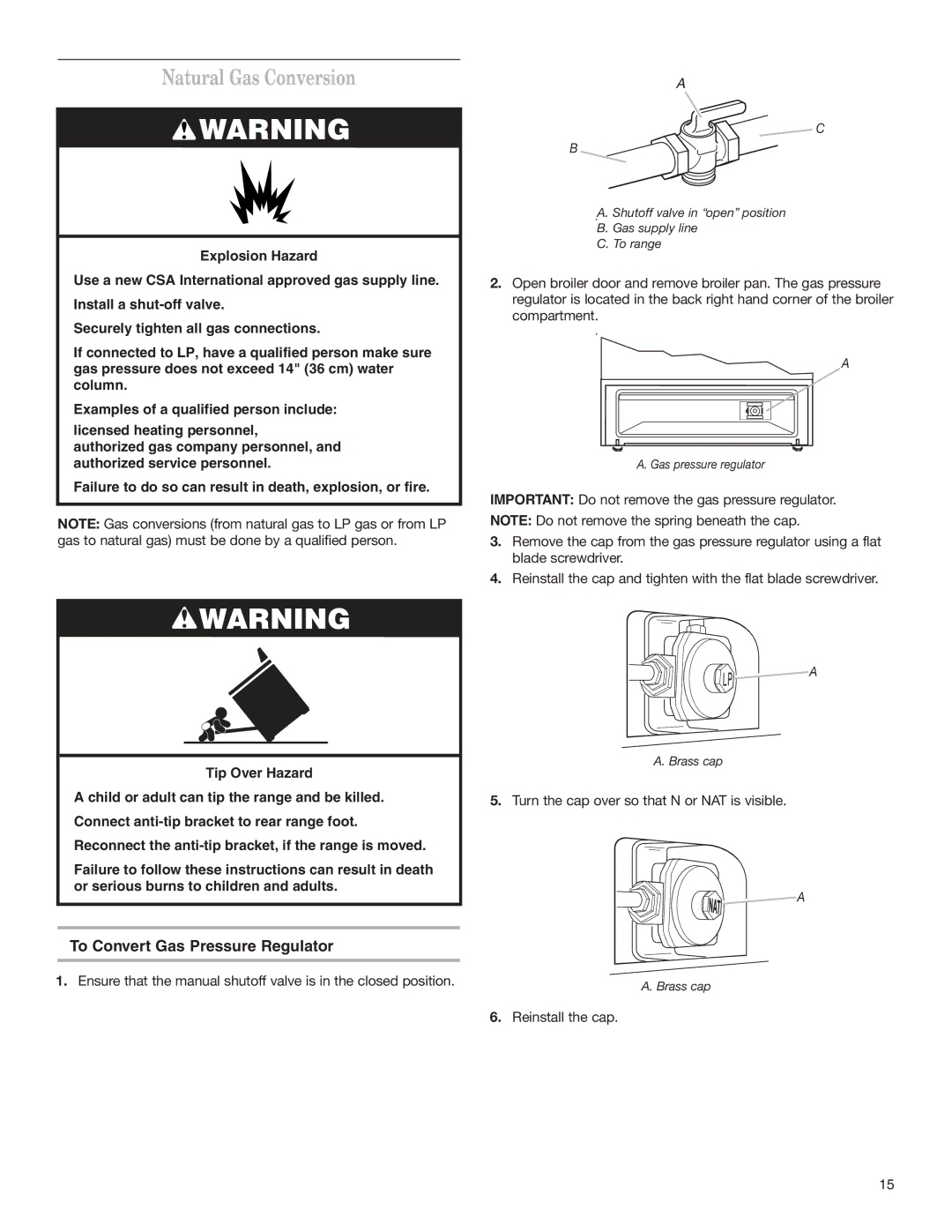 Whirlpool W10173324B installation instructions Natural Gas Conversion, To Convert Gas Pressure Regulator 