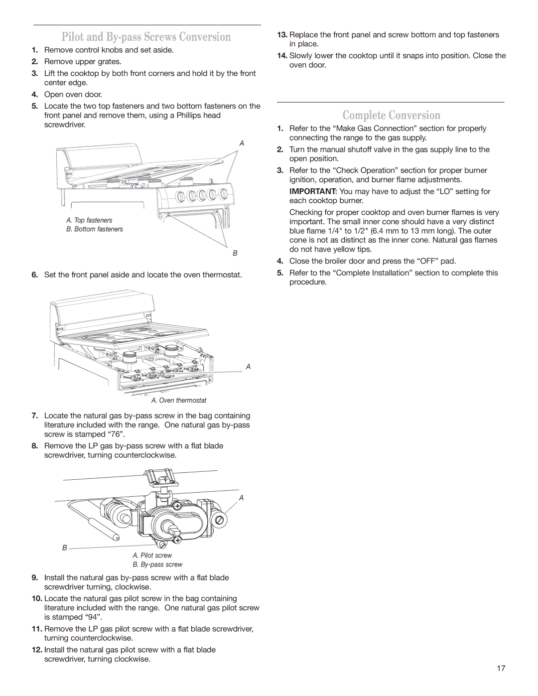 Whirlpool W10173324B installation instructions Pilot and By-pass Screws Conversion, Complete Conversion 