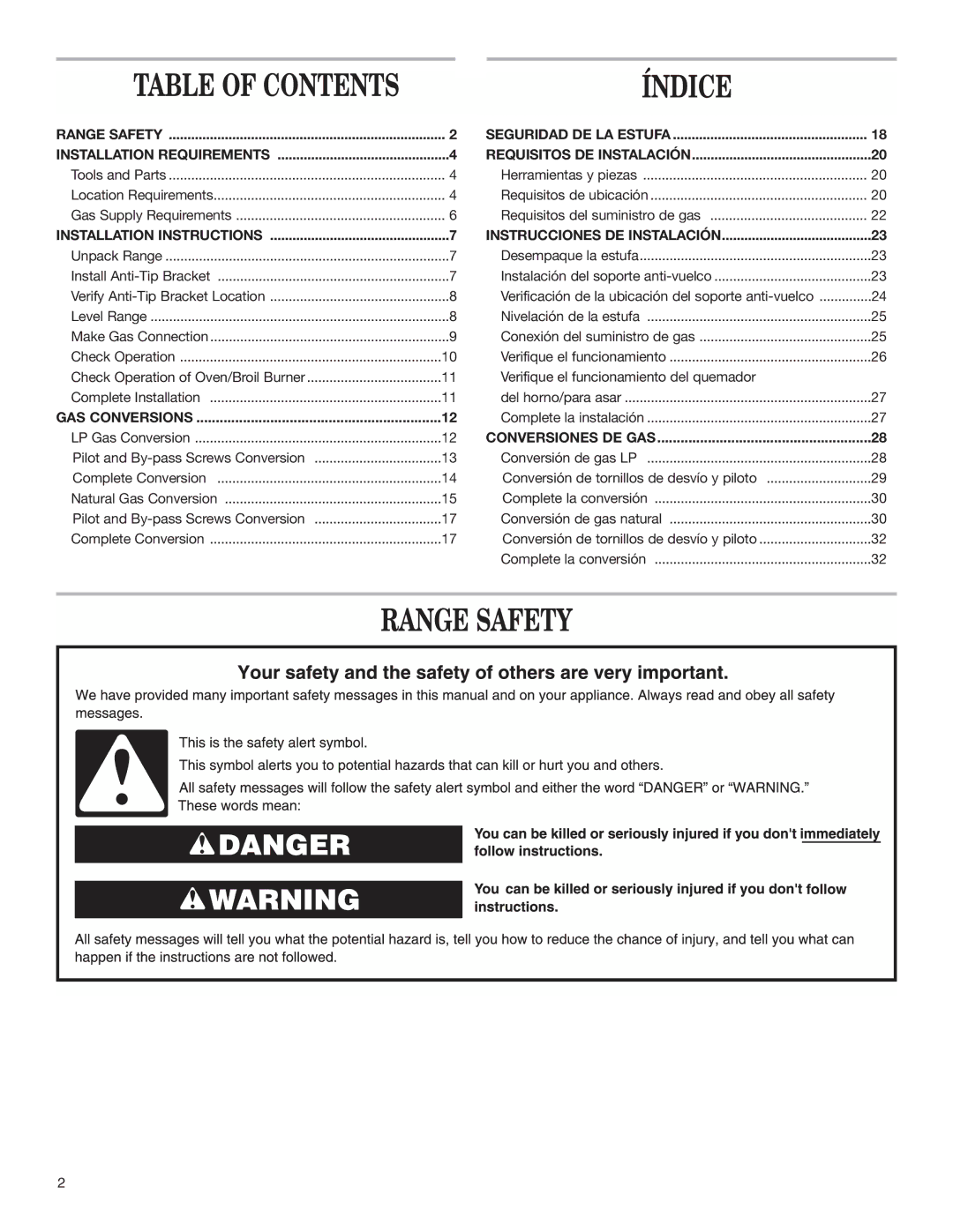 Whirlpool W10173324B installation instructions Índice, Range Safety 