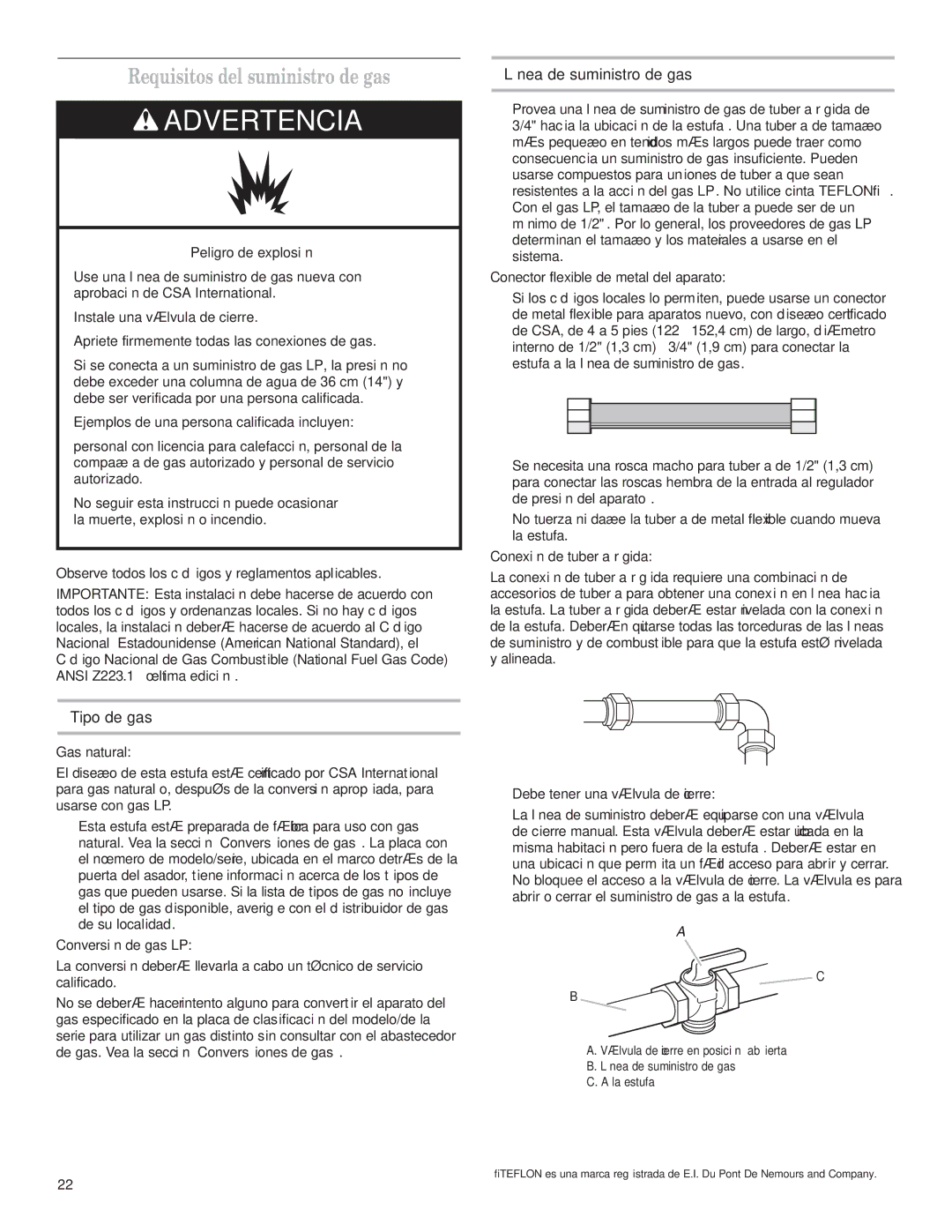 Whirlpool W10173324B installation instructions Requisitos del suministro de gas, Línea de suministro de gas, Tipo de gas 