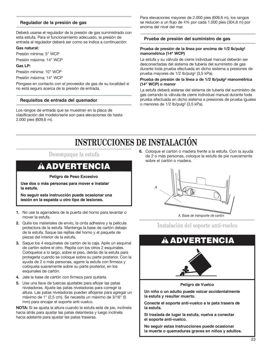 Whirlpool W10173324B Instrucciones DE Instalación, Desempaque la estufa, Instalación del soporte anti-vuelco 