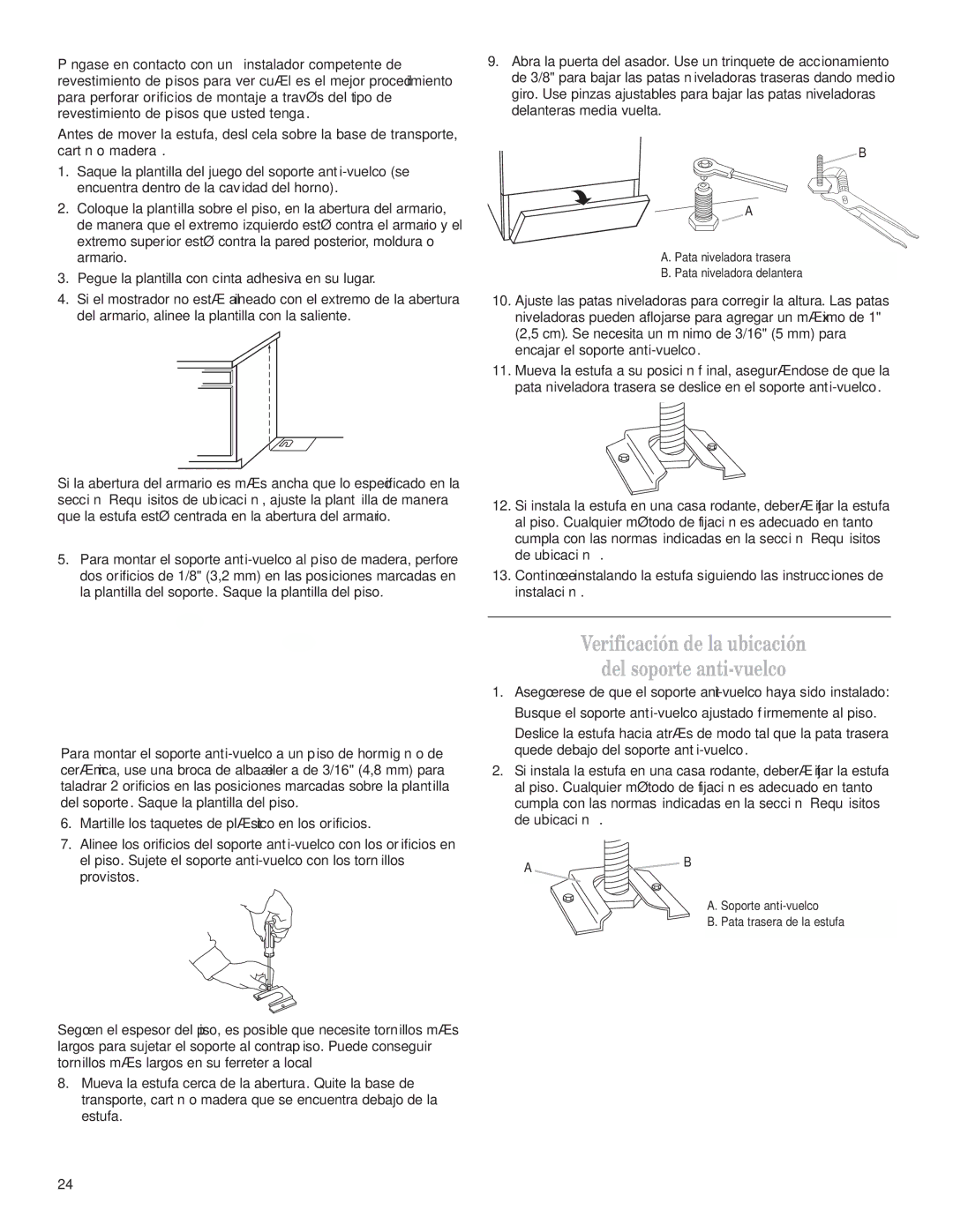 Whirlpool W10173324B installation instructions Verificación de la ubicación Del soporte anti-vuelco 