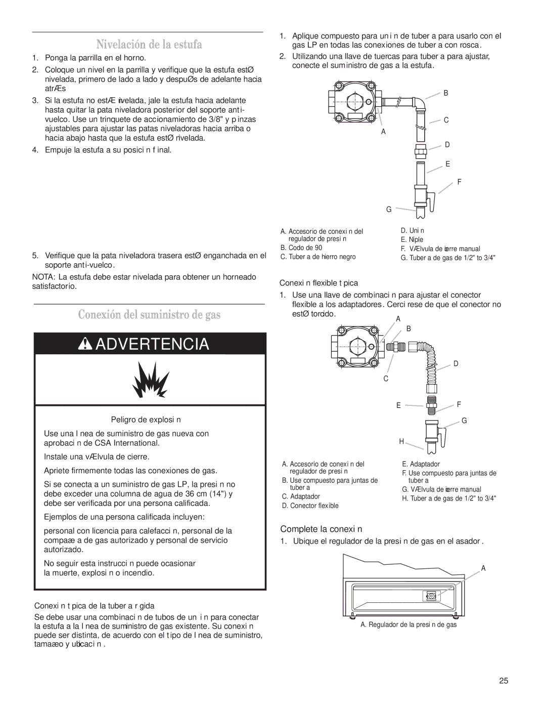 Whirlpool W10173324B Nivelación de la estufa, Conexión del suministro de gas, Complete la conexión 