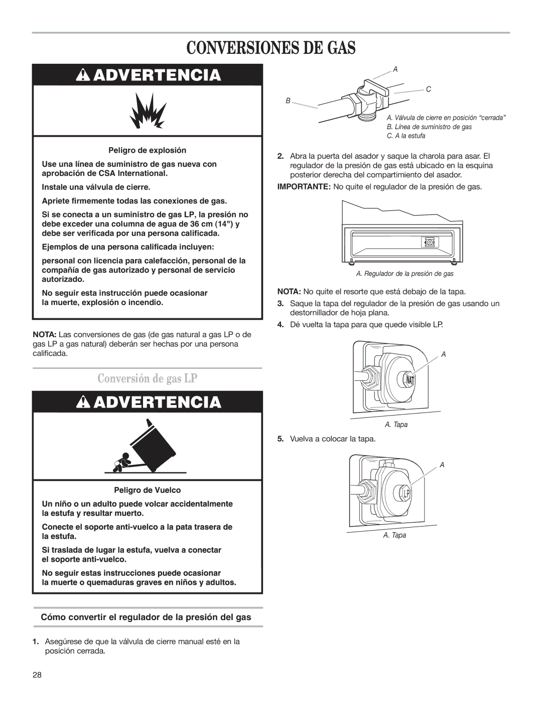 Whirlpool W10173324B Conversiones DE GAS, Conversión de gas LP, Cómo convertir el regulador de la presión del gas 