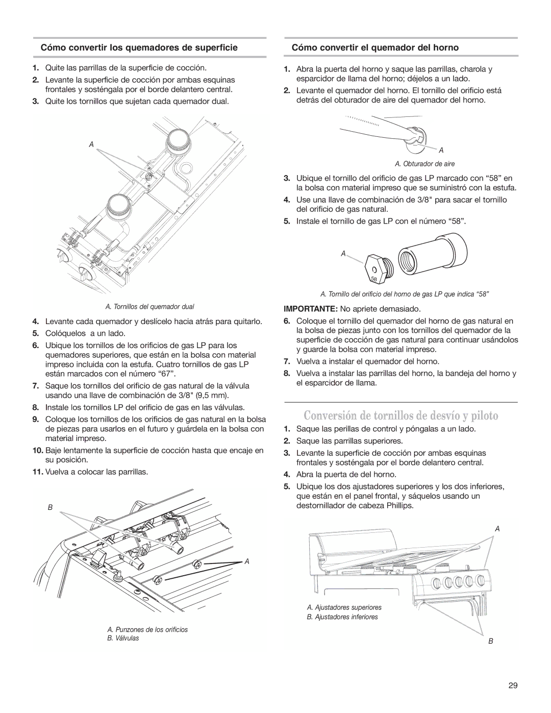 Whirlpool W10173324B Conversión de tornillos de desvío y piloto, Cómo convertir los quemadores de superficie 