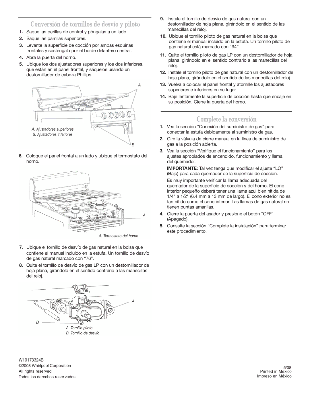 Whirlpool W10173324B installation instructions Conversión de tornillos de desvío y piloto 