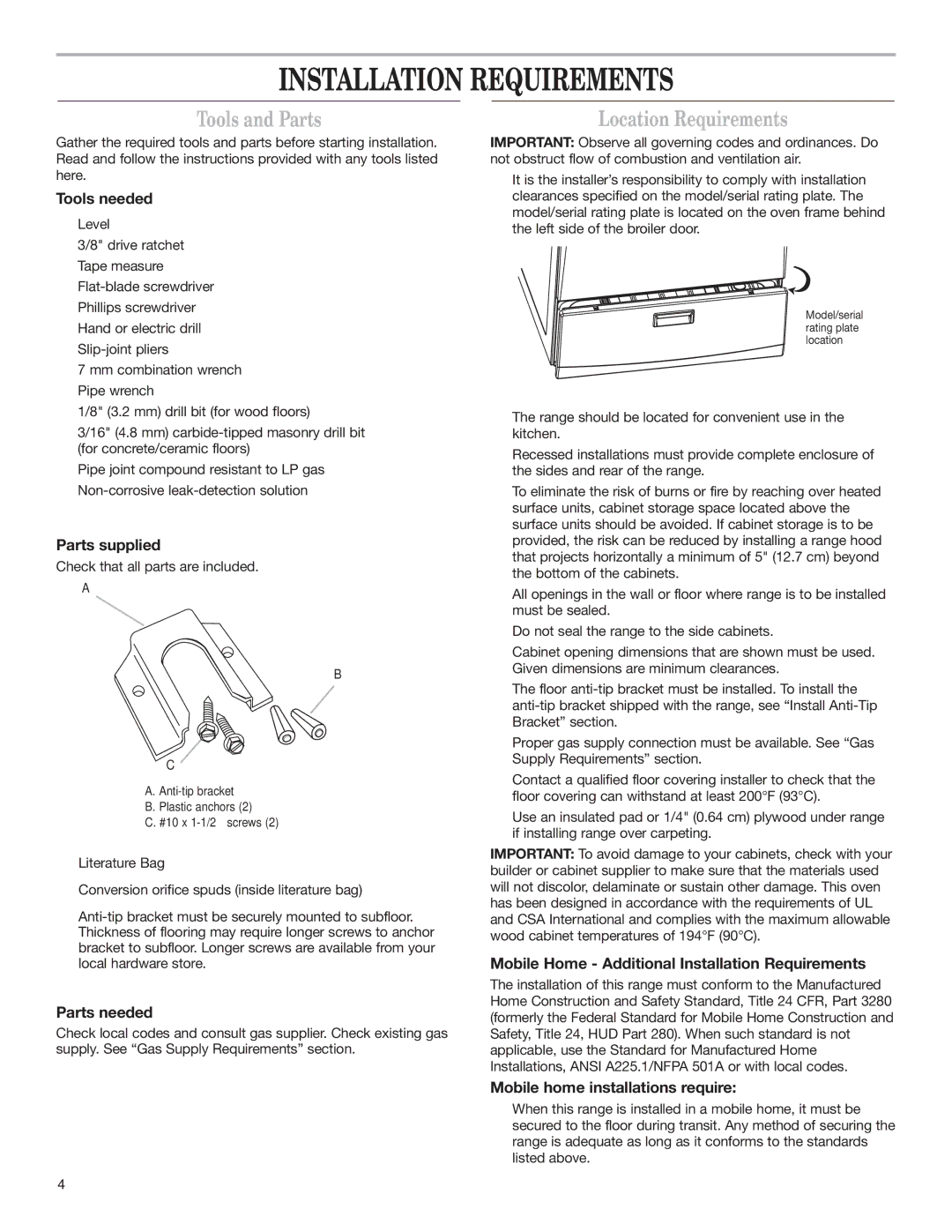 Whirlpool W10173324B installation instructions Installation Requirements, Tools and Parts, Location Requirements 