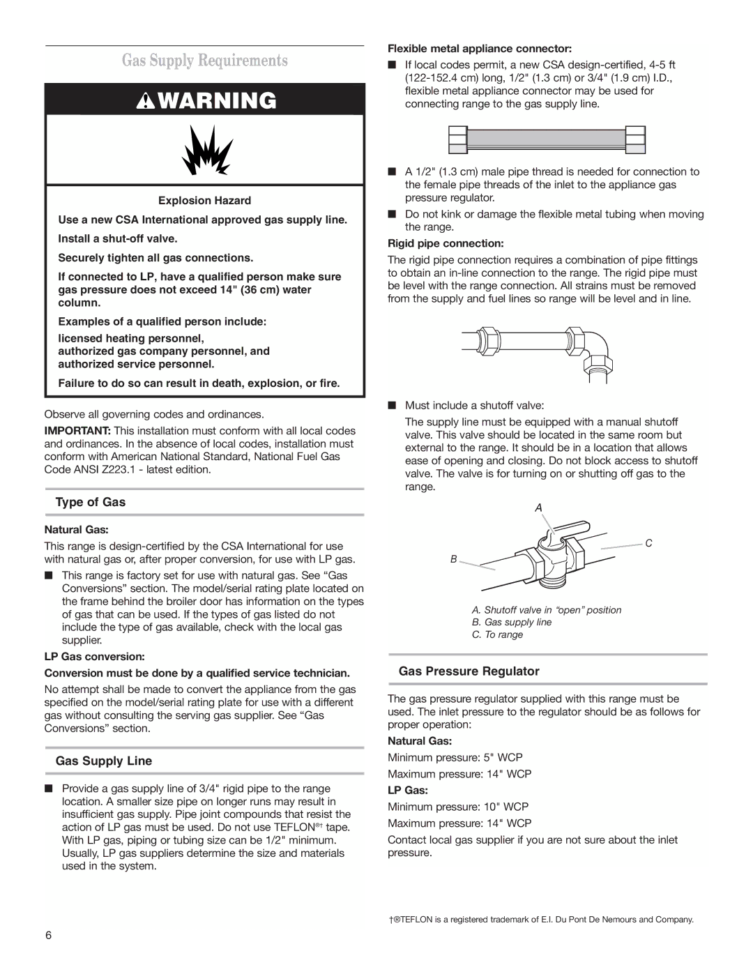 Whirlpool W10173324B Gas Supply Requirements, Type of Gas, Gas Supply Line, Gas Pressure Regulator 