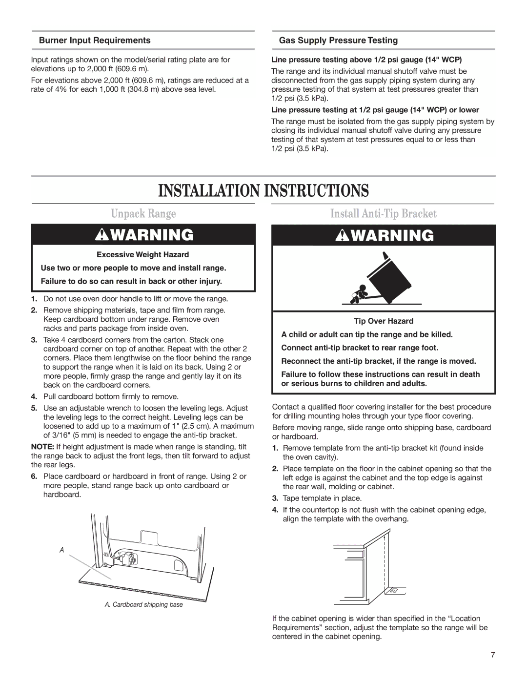 Whirlpool W10173324B Installation Instructions, Unpack Range, Install Anti-Tip Bracket, Burner Input Requirements 