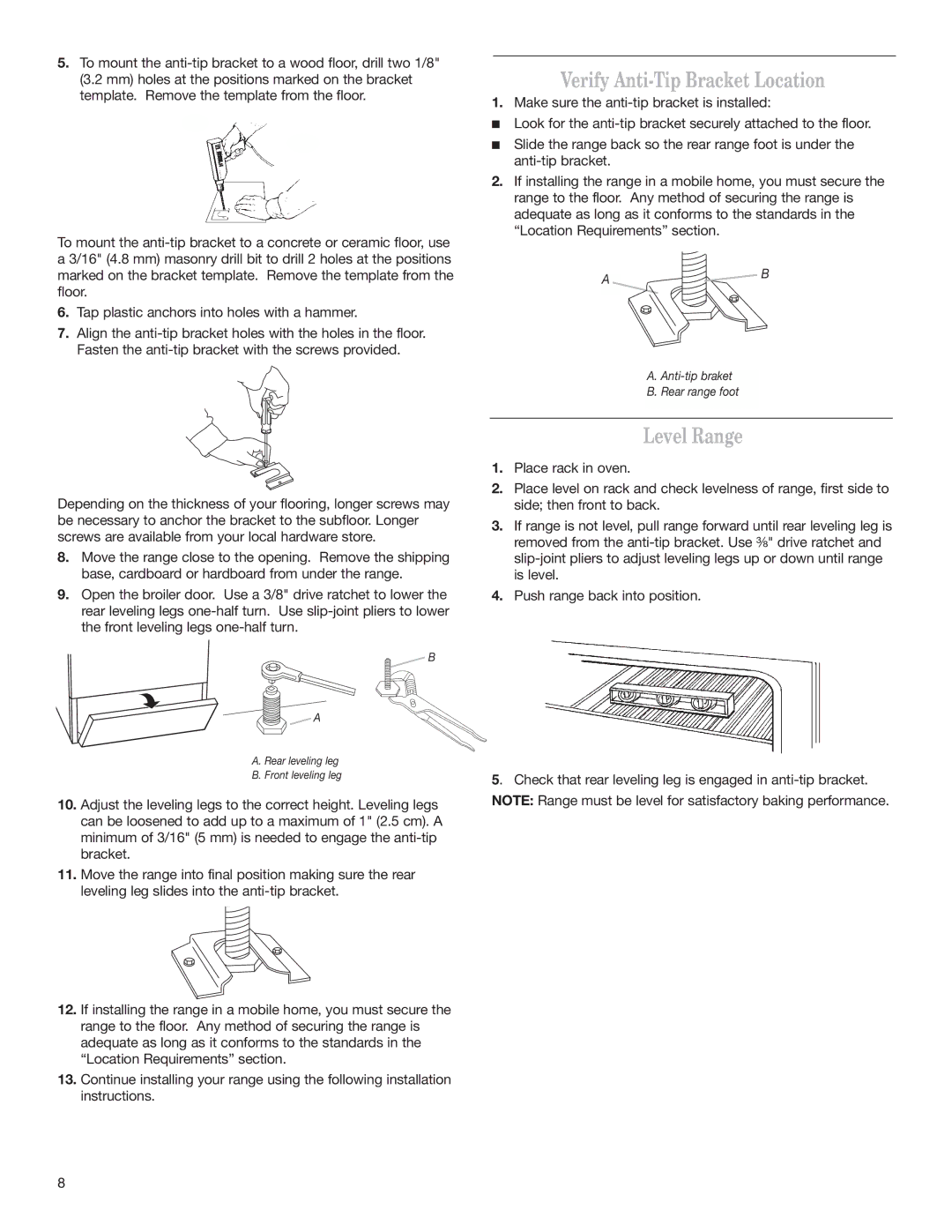 Whirlpool W10173324B installation instructions Verify Anti-Tip Bracket Location, Level Range 