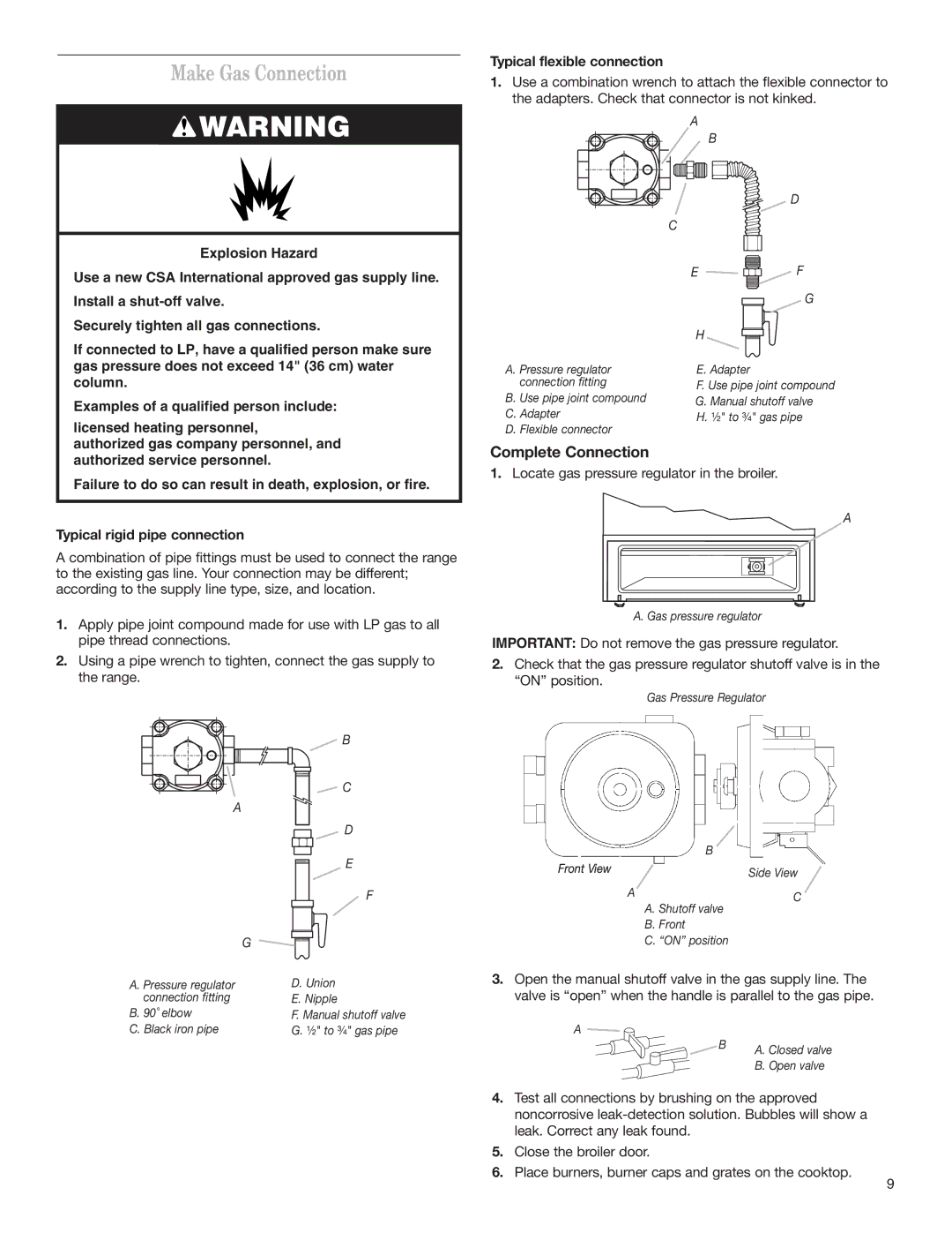 Whirlpool W10173324B installation instructions Make Gas Connection, Complete Connection, Typical flexible connection 