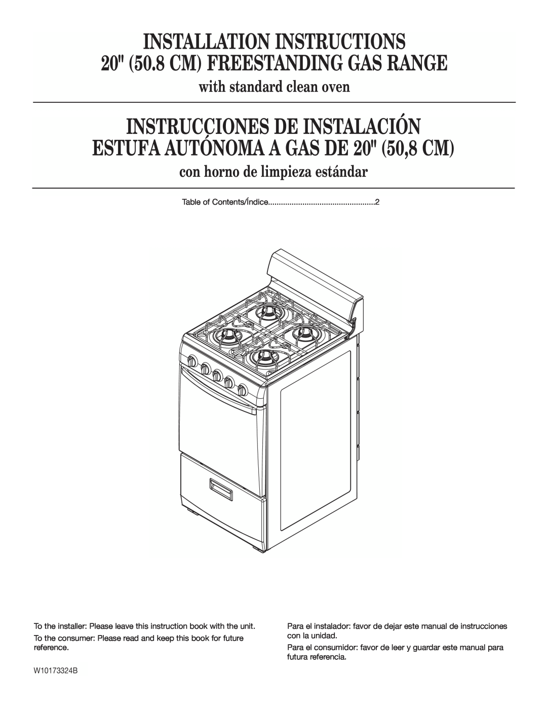 Whirlpool W10173324B installation instructions with standard clean oven, con horno de limpieza estándar 