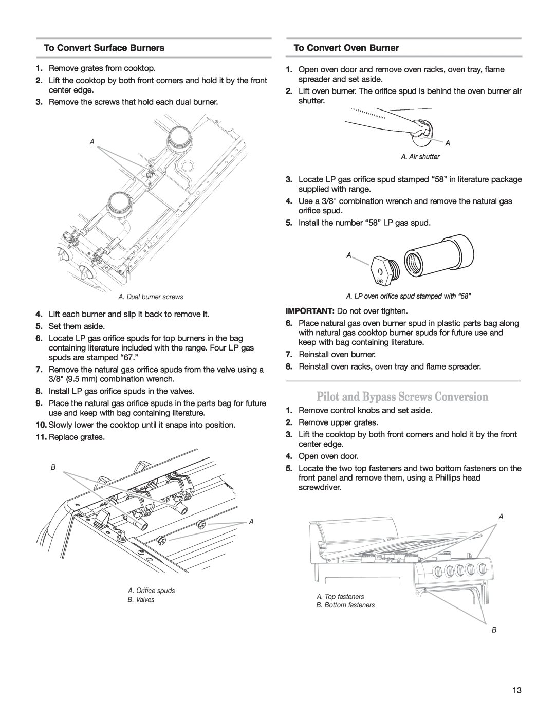 Whirlpool W10173324B Pilot and Bypass Screws Conversion, To Convert Surface Burners, To Convert Oven Burner 