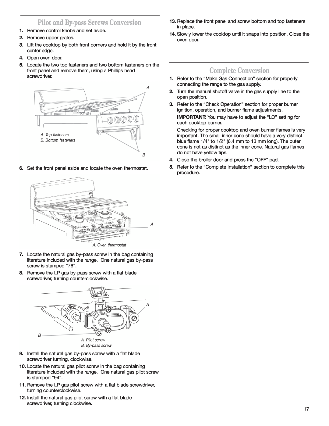 Whirlpool W10173324B installation instructions Pilot and By-pass Screws Conversion, Complete Conversion 