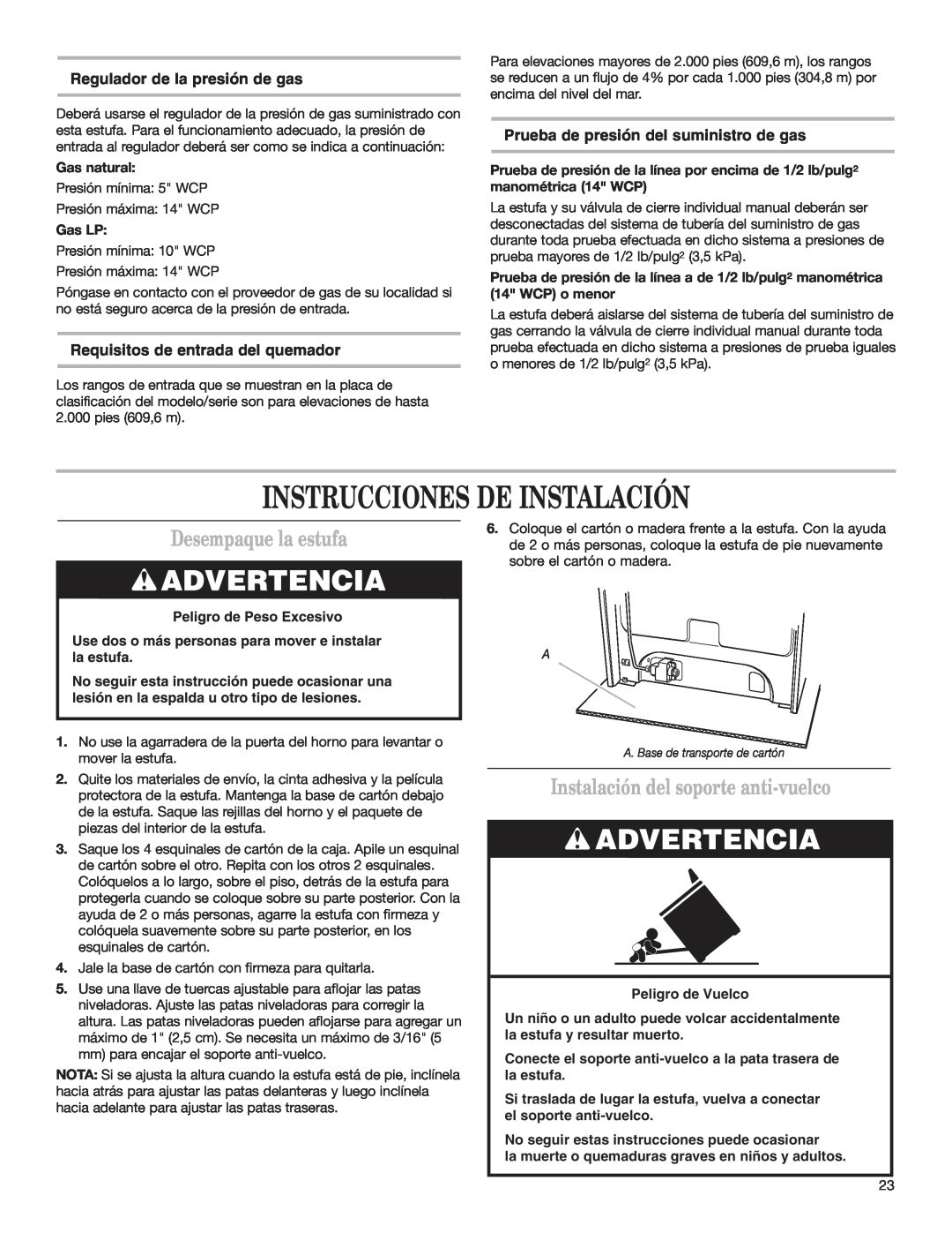 Whirlpool W10173324B Instrucciones De Instalación, Desempaque la estufa, Instalación del soporte anti-vuelco, Gas LP 