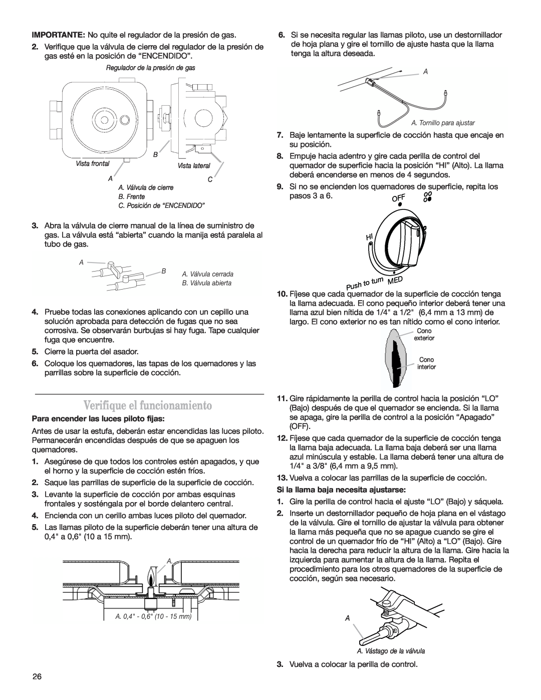 Whirlpool W10173324B installation instructions Verifique el funcionamiento, Para encender las luces piloto fijas, pasos 3 a 