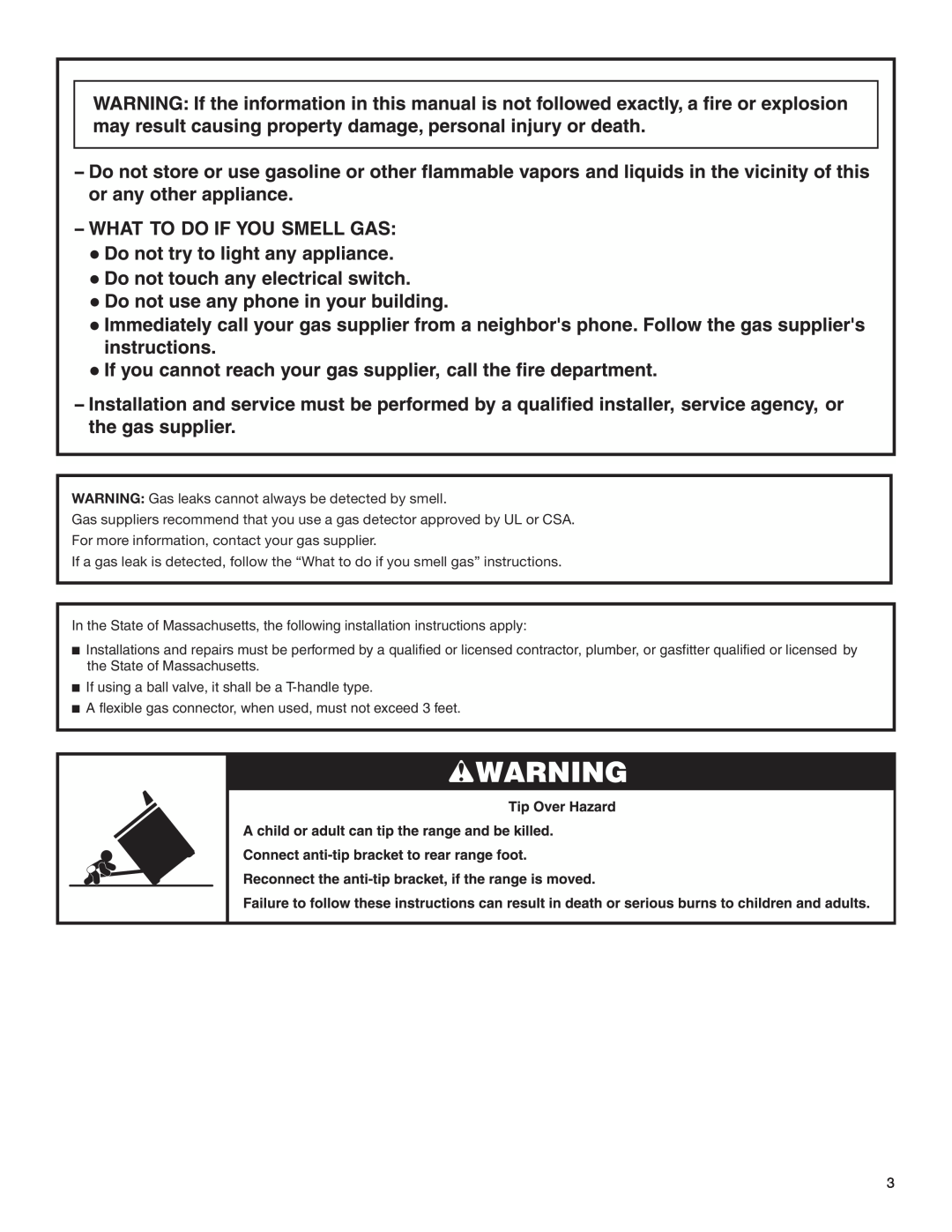 Whirlpool W10173324B installation instructions WARNING Gas leaks cannot always be detected by smell 