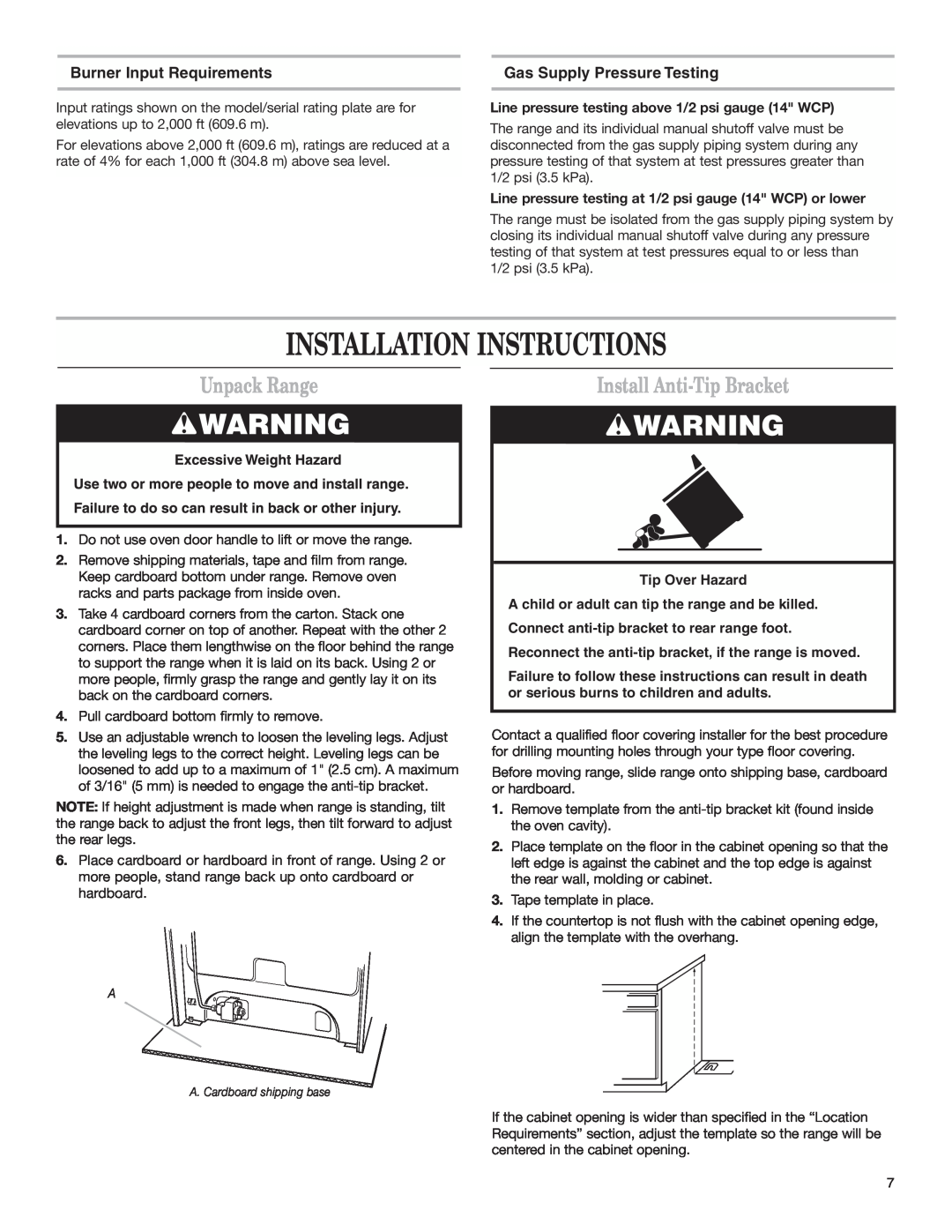 Whirlpool W10173324B Installation Instructions, Unpack Range, Install Anti-Tip Bracket, Burner Input Requirements 
