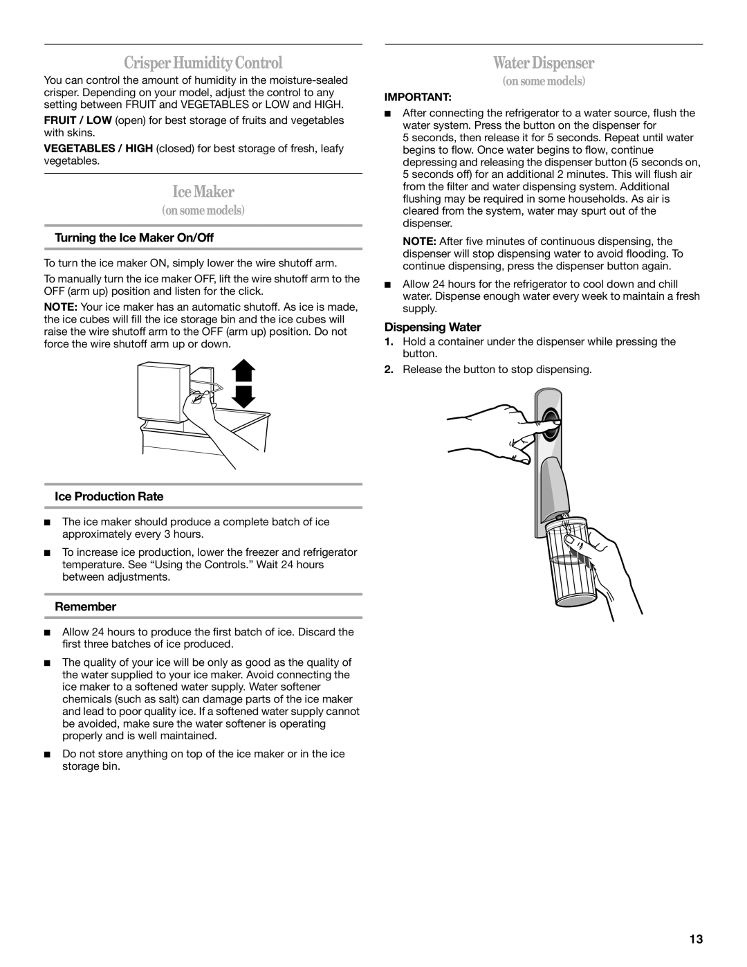 Whirlpool W10175448A installation instructions Crisper Humidity Control, Ice Maker, Water Dispenser 