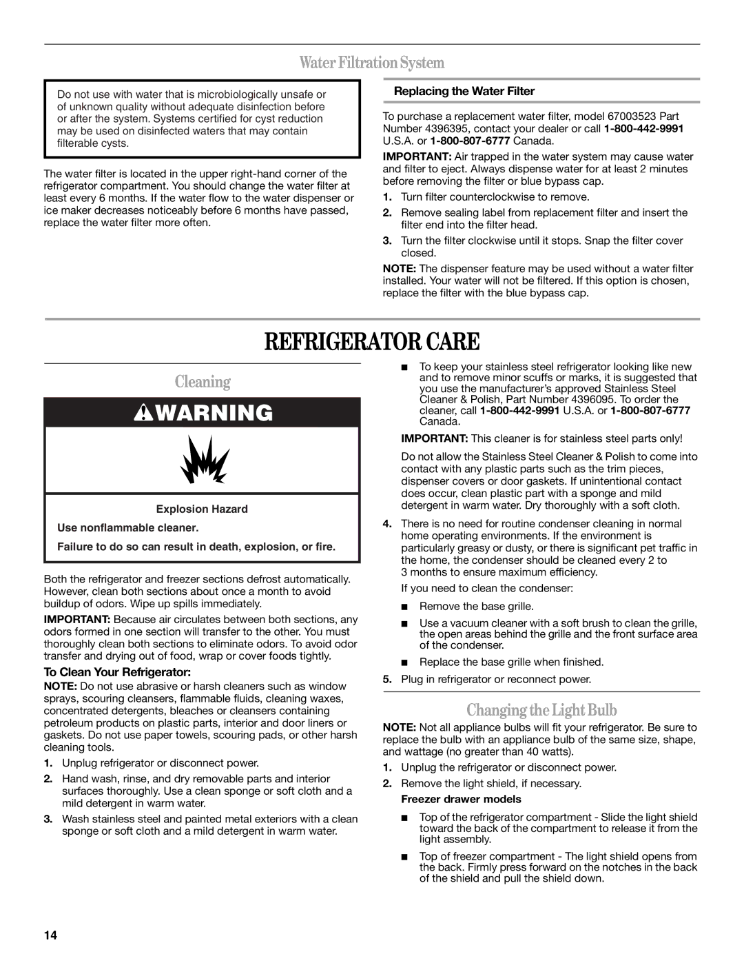 Whirlpool W10175448A installation instructions Refrigerator Care, Water FiltrationSystem, Cleaning, Changing the Light Bulb 