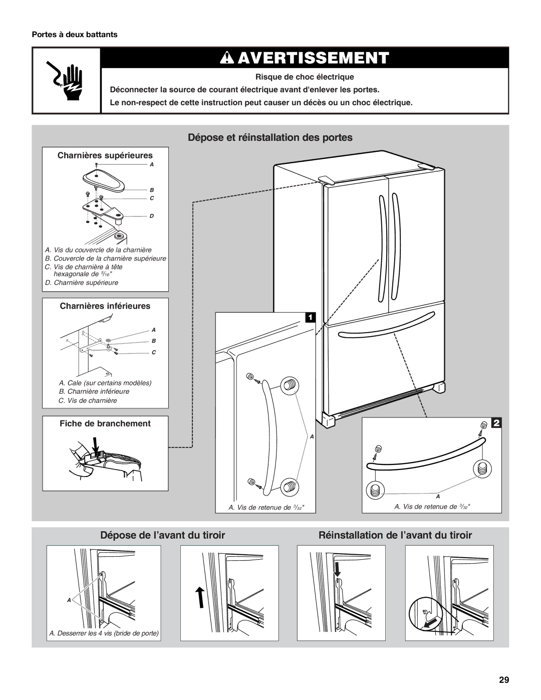 Whirlpool W10175448A installation instructions Dépose et réinstallation des portes, Portes à deux battants 