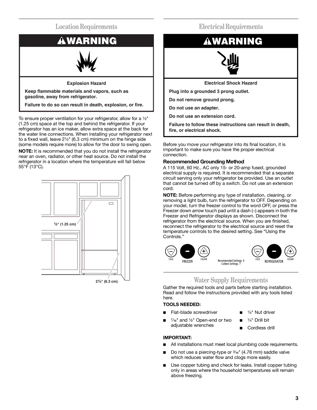 Whirlpool W10175448A LocationRequirements, Electrical Requirements, Water Supply Requirements, Tools Needed 