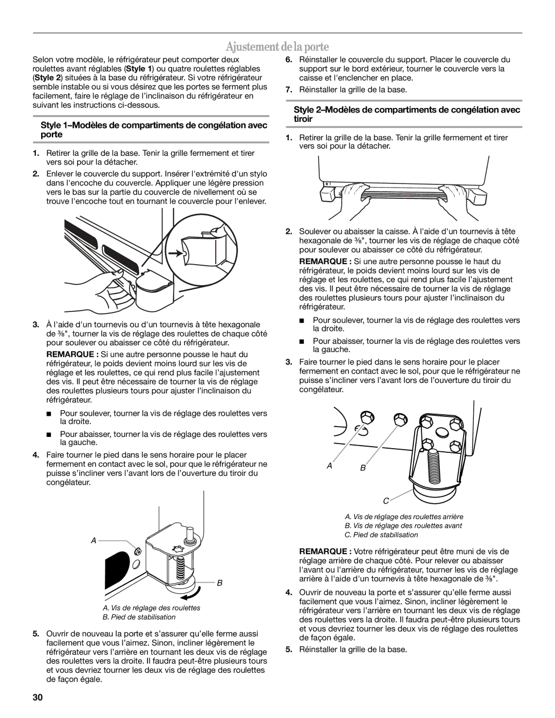 Whirlpool W10175448A Ajustement de la porte, Style 1-Modèles de compartiments de congélation avec porte 