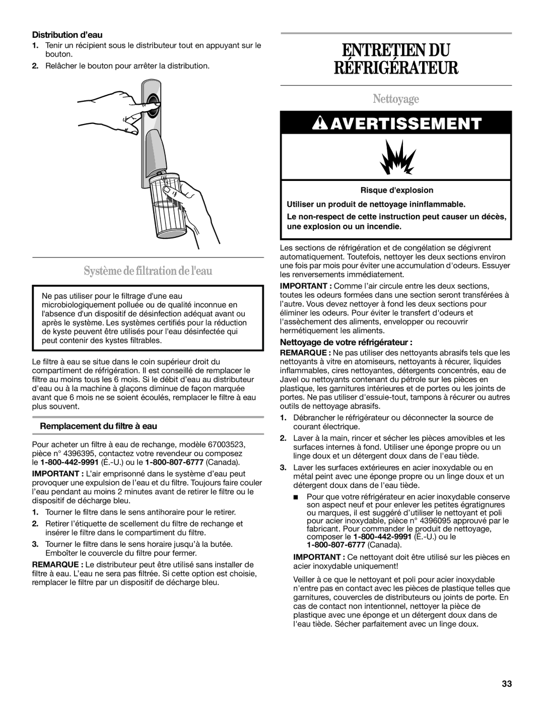 Whirlpool W10175448A installation instructions Entretien DU Réfrigérateur, Nettoyage, Système de filtrationde leau 