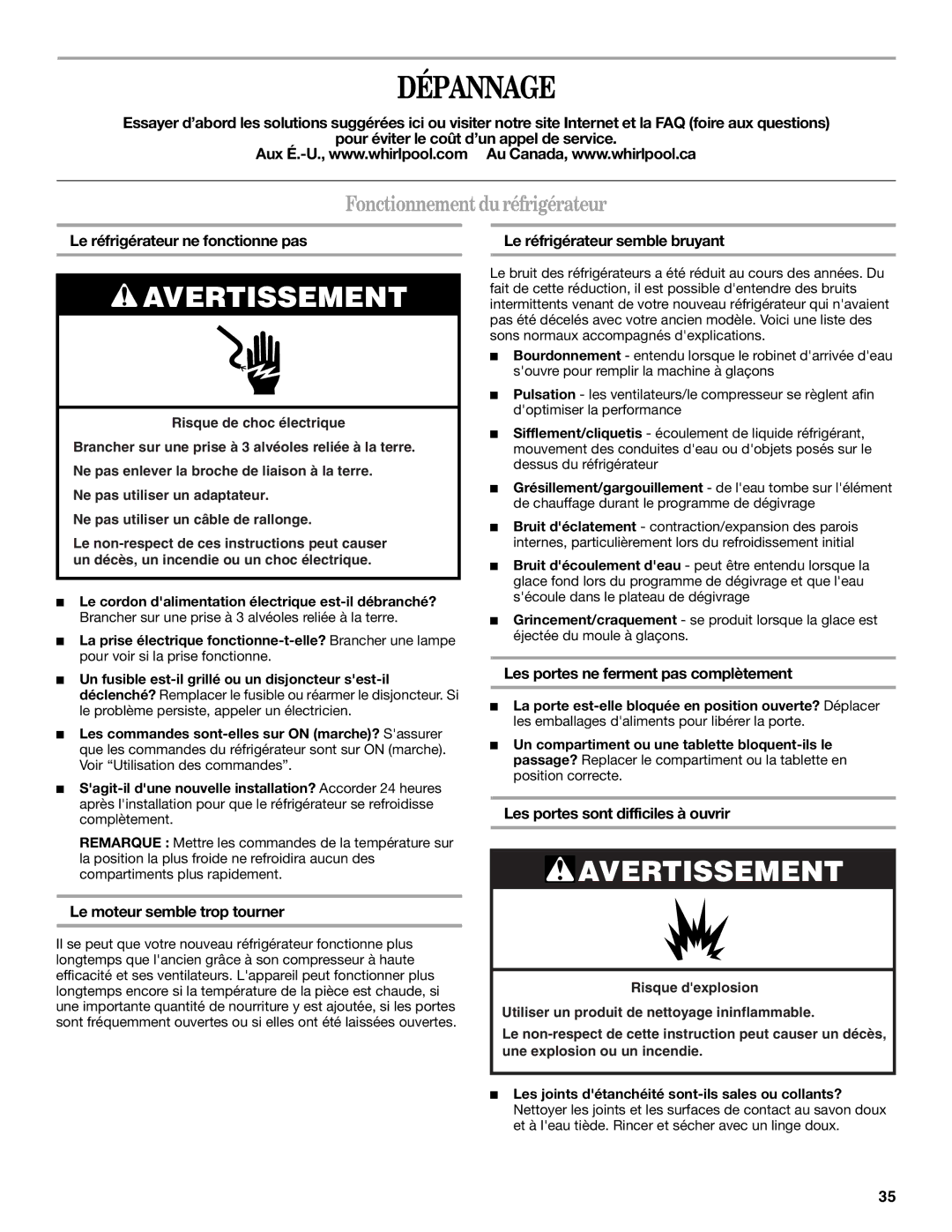 Whirlpool W10175448A installation instructions Dépannage, Fonctionnement du réfrigérateur 