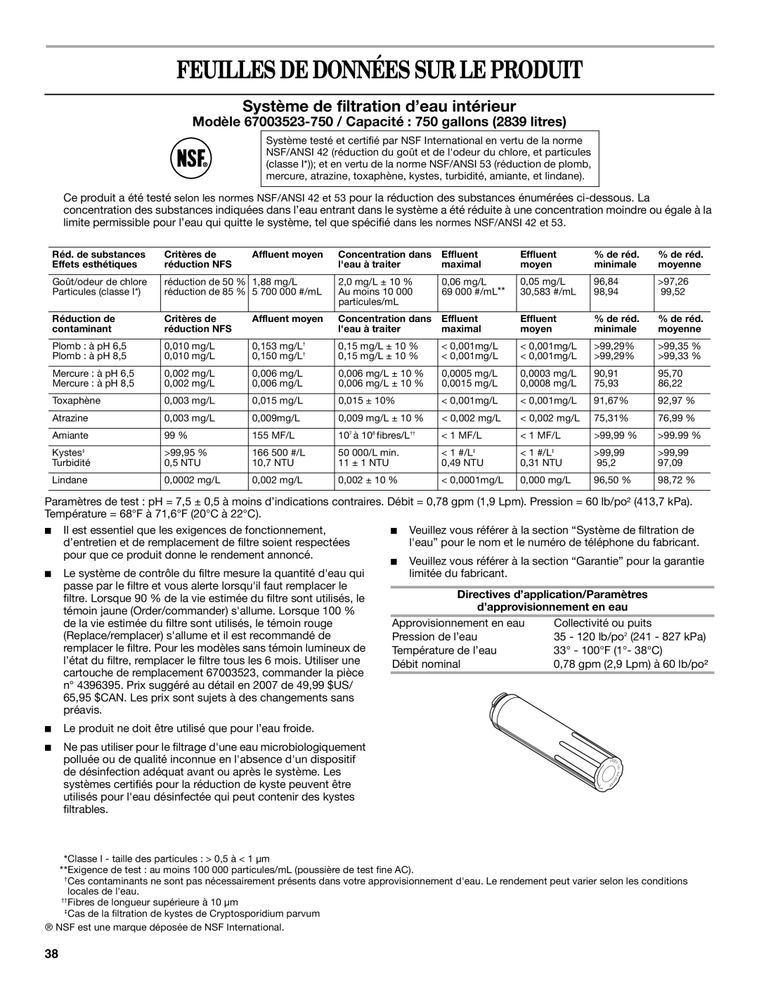 Whirlpool W10175448A installation instructions Feuilles DE Données SUR LE Produit, Système de filtration d’eau intérieur 