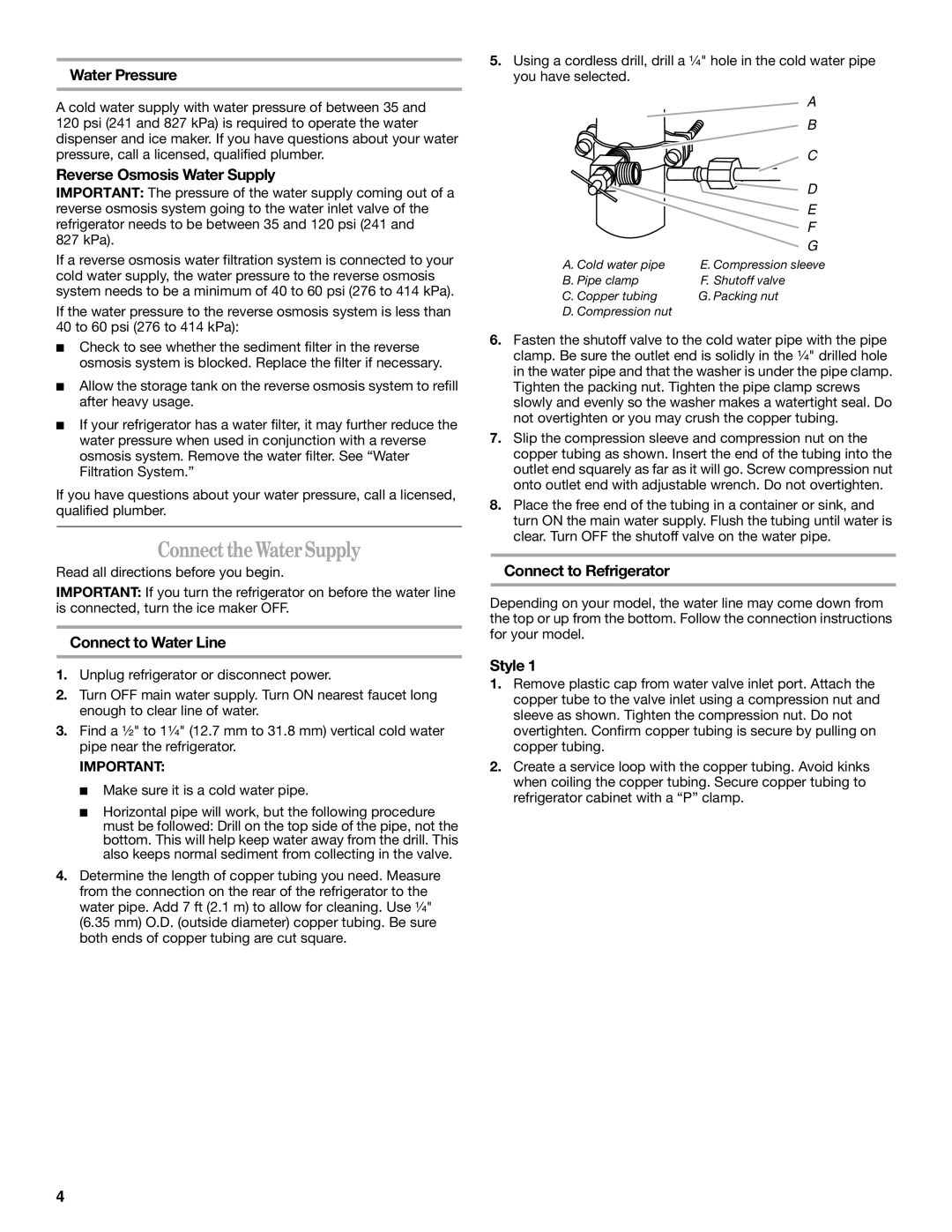 Whirlpool W10175448A installation instructions Connect the Water Supply 