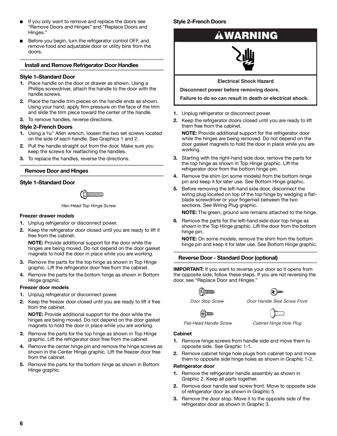 Whirlpool W10175448A installation instructions Style 2-French Doors, Remove Door and Hinges Style 1-Standard Door 