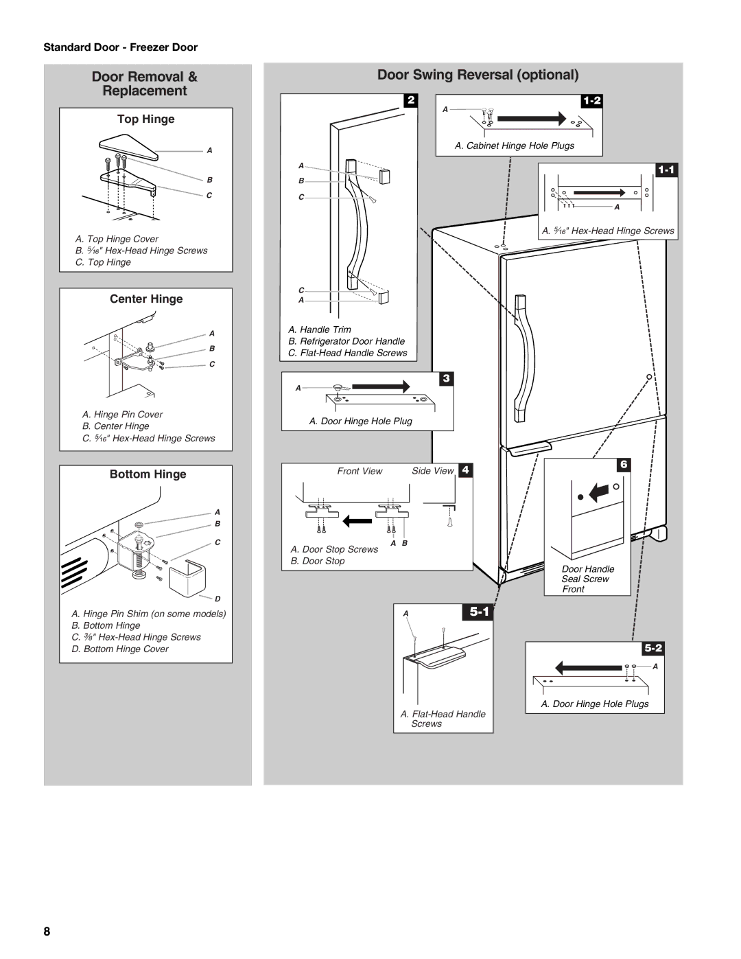 Whirlpool W10175448A installation instructions Door Swing Reversal optional, Standard Door Freezer Door 