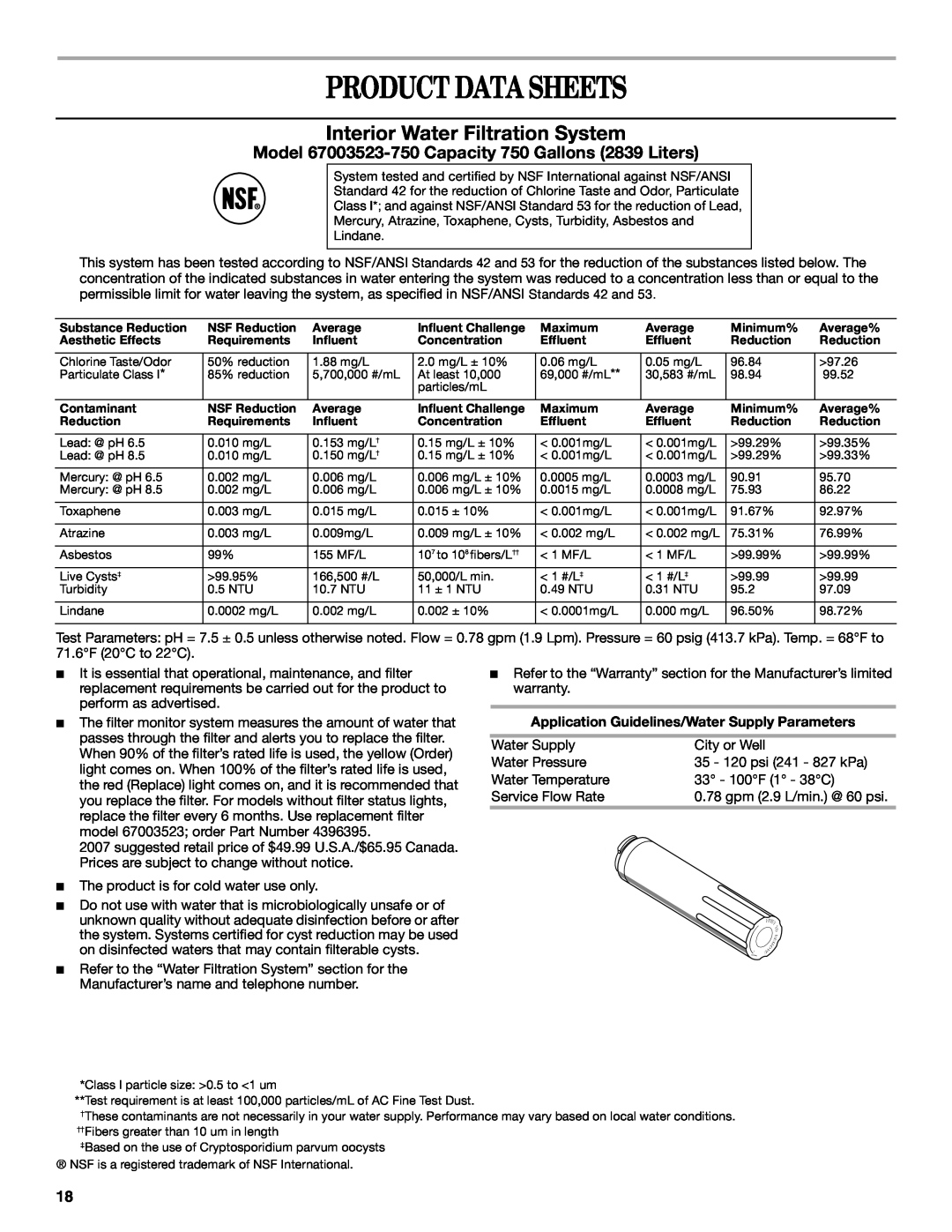 Whirlpool W10175448A Product Data Sheets, Interior Water Filtration System, Application Guidelines/Water Supply Parameters 