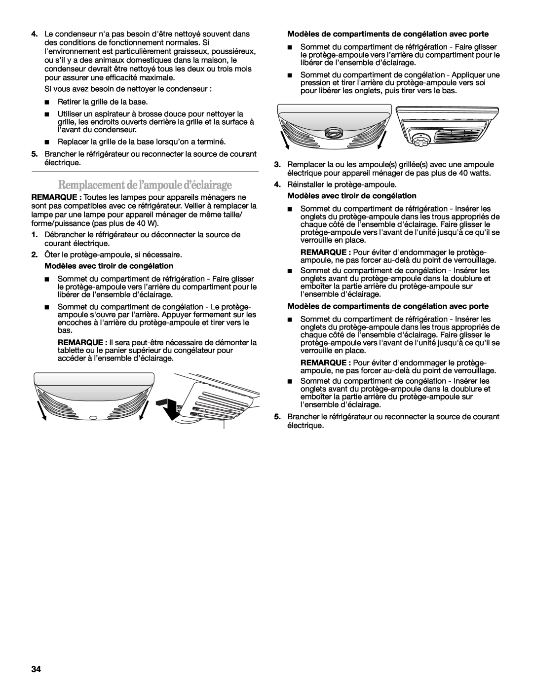Whirlpool W10175448A installation instructions Remplacement de l’ampoule d’éclairage, Modèles avec tiroir de congélation 