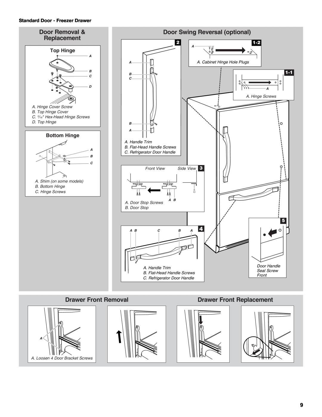 Whirlpool W10175448A Drawer Front Removal, Drawer Front Replacement, Door Removal & Replacement, Top Hinge, Bottom Hinge 