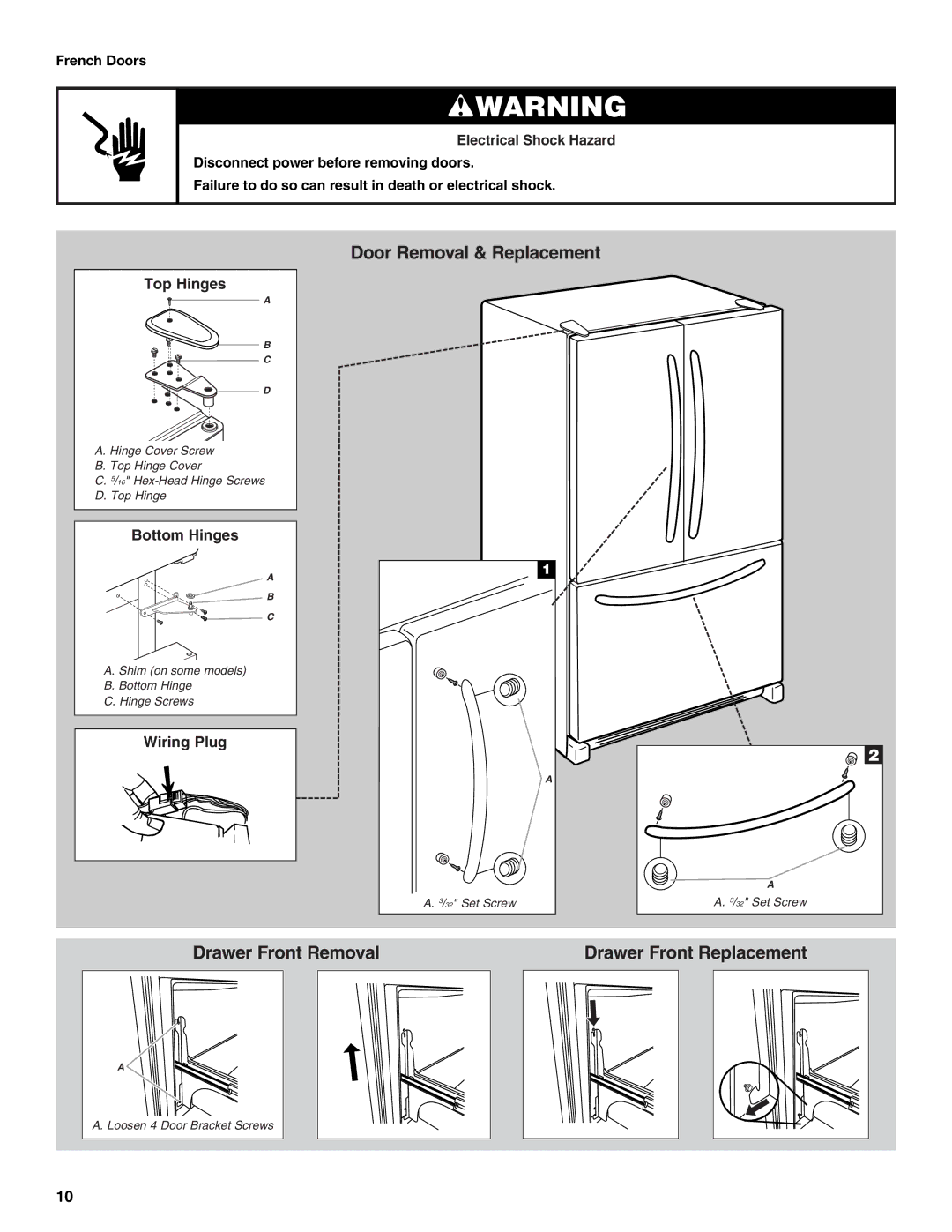 Whirlpool W10175487A installation instructions Door Removal & Replacement 