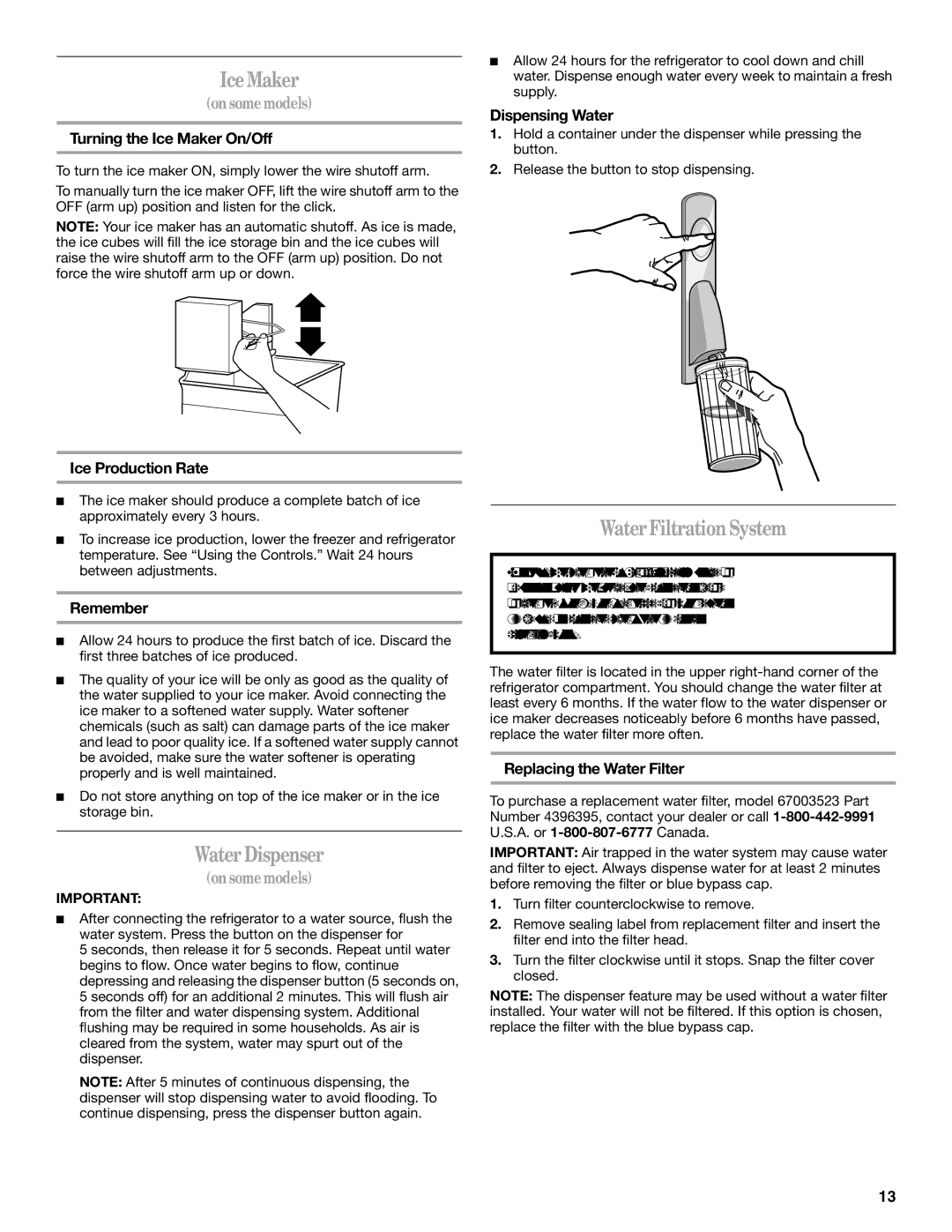 Whirlpool W10175487A installation instructions Ice Maker, Water Dispenser, Water Filtration System 