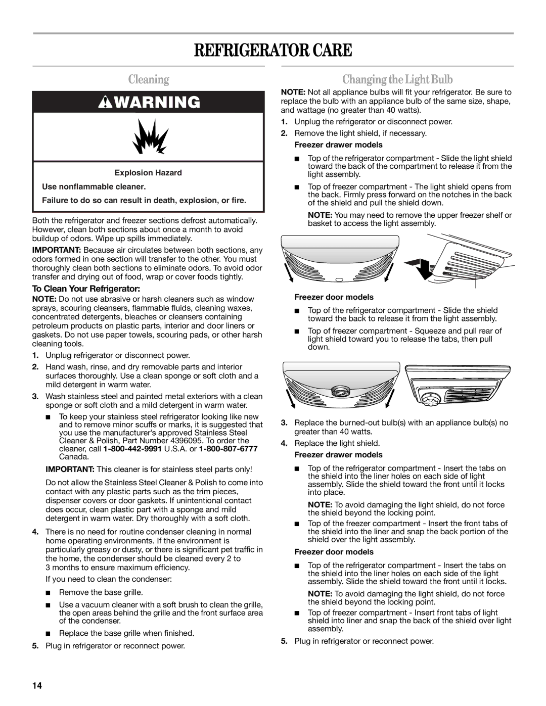 Whirlpool W10175487A Refrigerator Care, Cleaning, Changing the Light Bulb, To Clean Your Refrigerator 