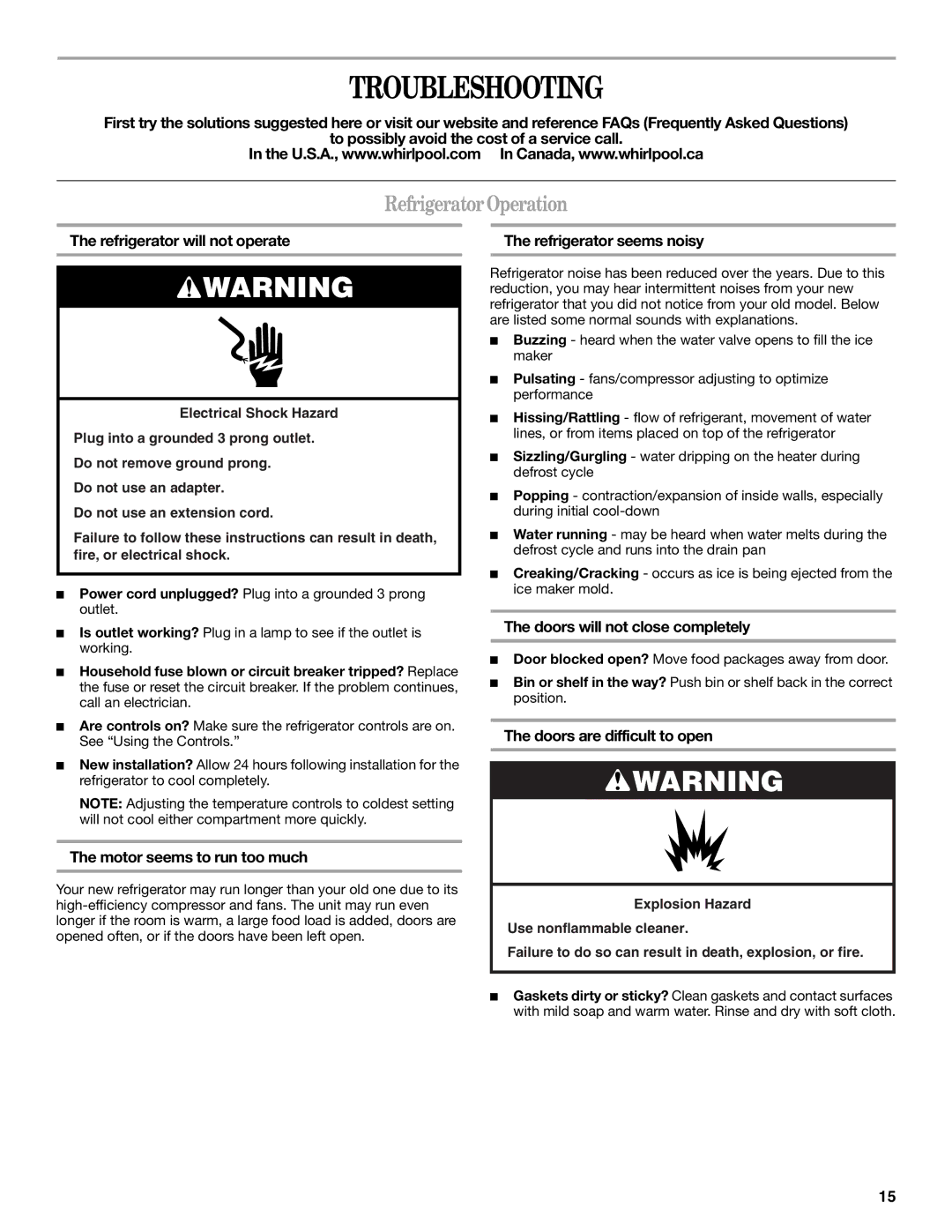 Whirlpool W10175487A installation instructions Troubleshooting, Refrigerator Operation 