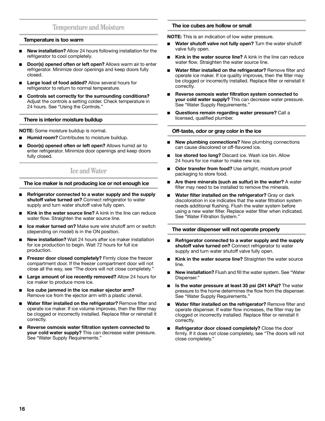 Whirlpool W10175487A installation instructions Temperature and Moisture, Iceand Water 