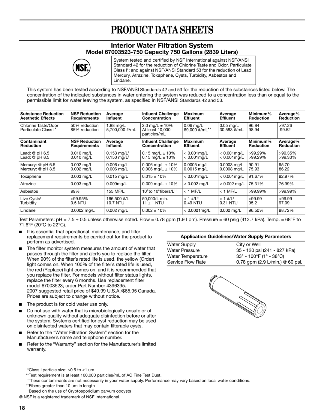 Whirlpool W10175487A installation instructions Product Data Sheets, Application Guidelines/Water Supply Parameters 