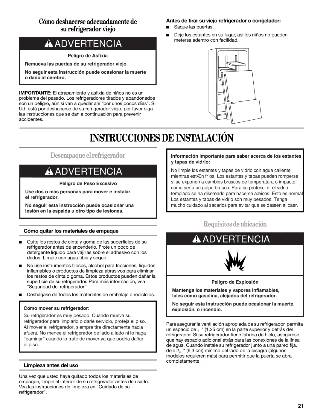 Whirlpool W10175487A Instrucciones DE Instalación, Desempaque el refrigerador, Requisitos de ubicación 