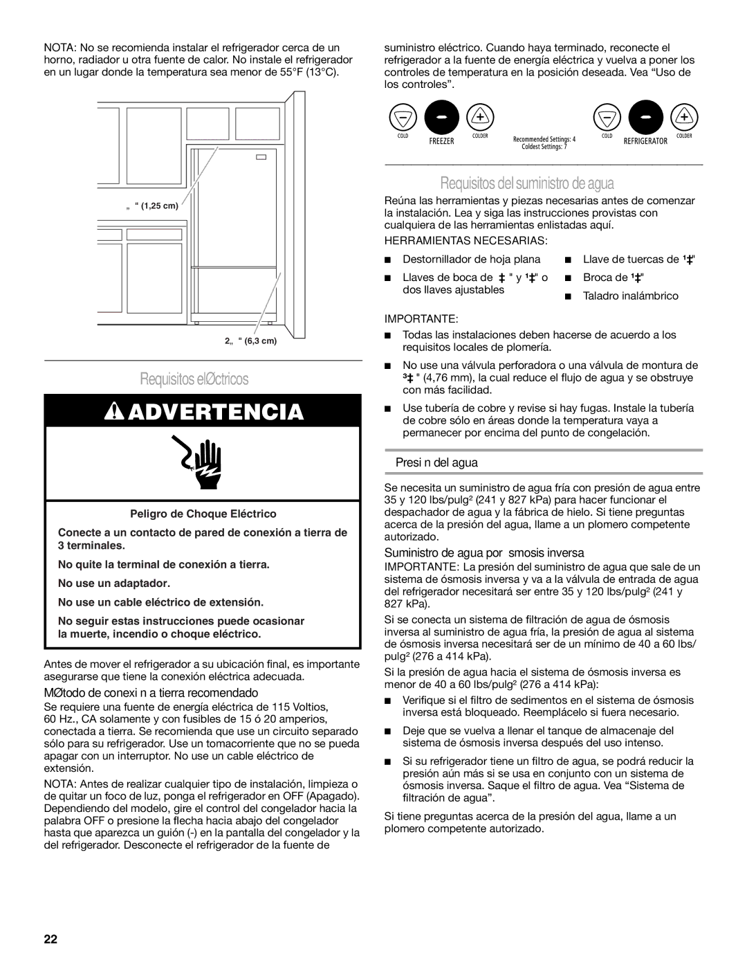 Whirlpool W10175487A Requisitos eléctricos, Requisitos del suministro de agua, Método de conexión a tierra recomendado 