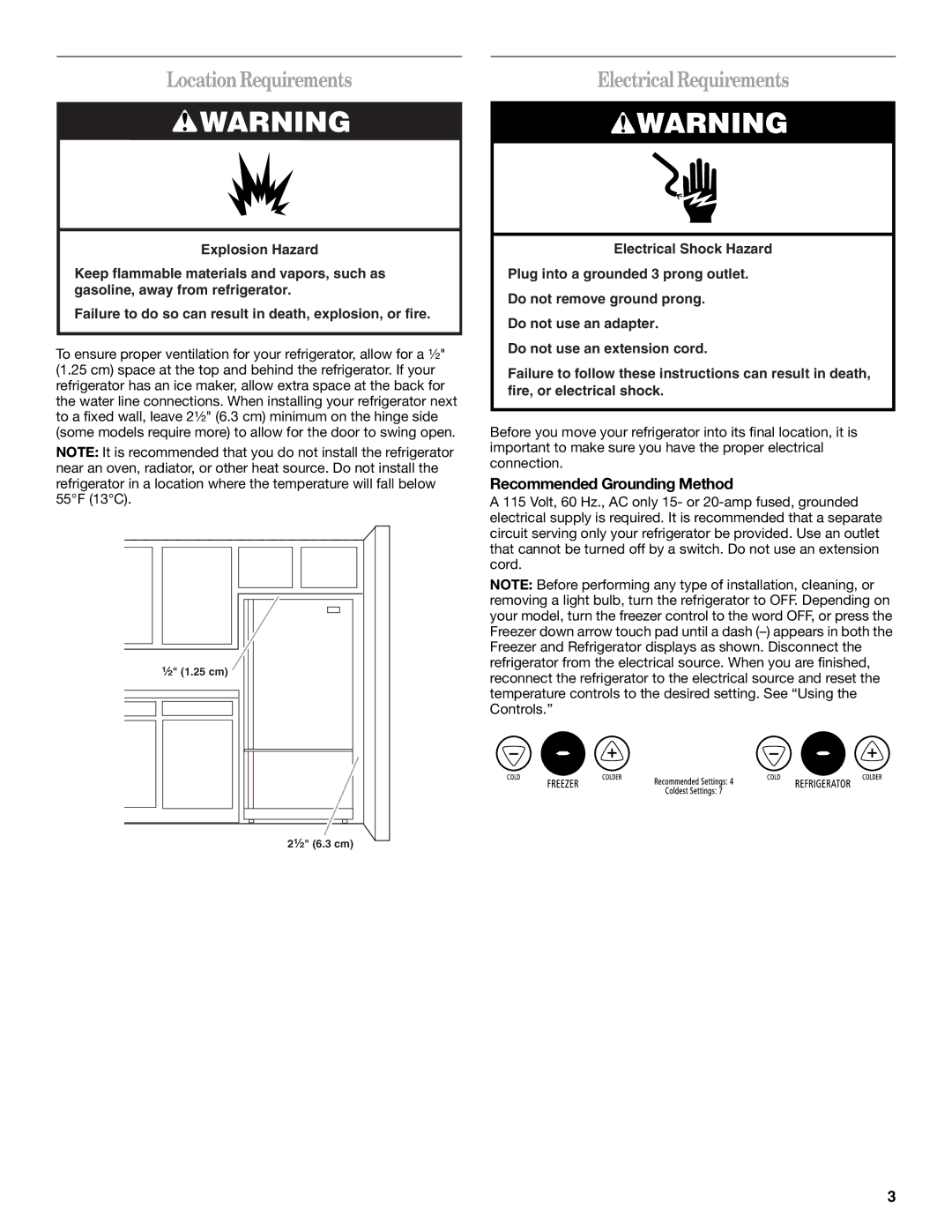 Whirlpool W10175487A installation instructions LocationRequirements, Electrical Requirements, Recommended Grounding Method 