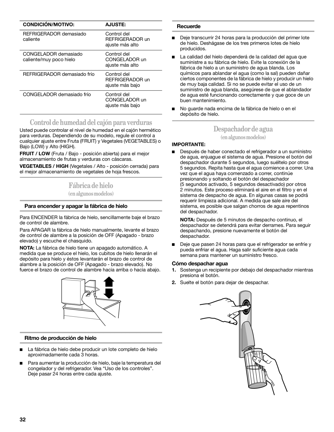 Whirlpool W10175487A installation instructions Fábrica de hielo, Despachador de agua 