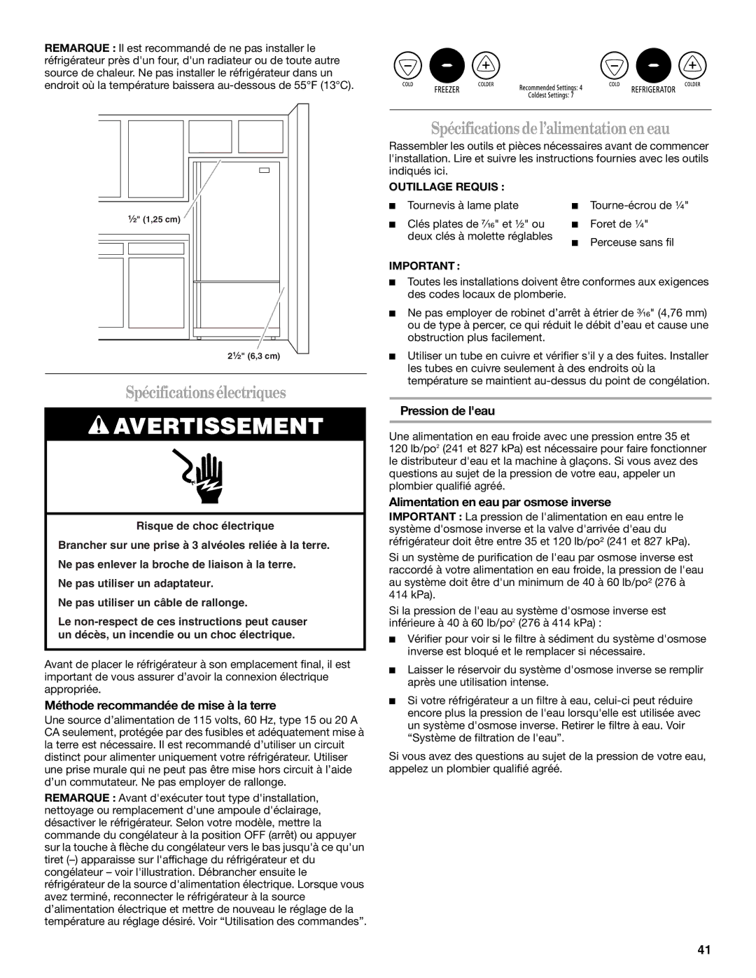 Whirlpool W10175487A Spécificationsélectriques, Spécifications del’alimentationen eau, Pression de leau 